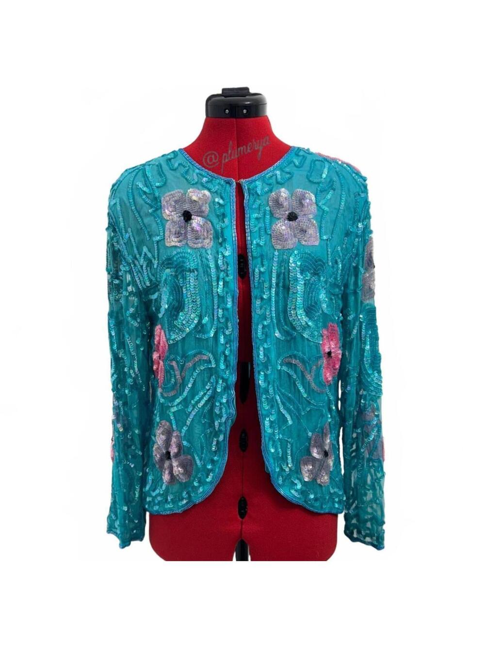 Jewel Queen Vintage Women's Blue Sequin Silk Floral Embellished Jacket Size S
